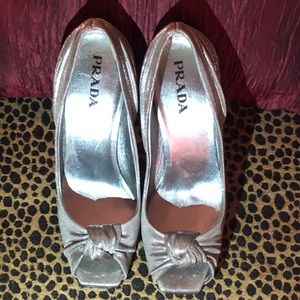 Prada Metallic Silver Peep Toe Pump